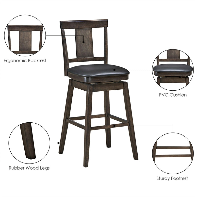 Classic Wooden Swivel Bar Stool 29" Bar Height Dining Chair with Leather Padded Seat, Single Slat Back & Rubber Wood Legs