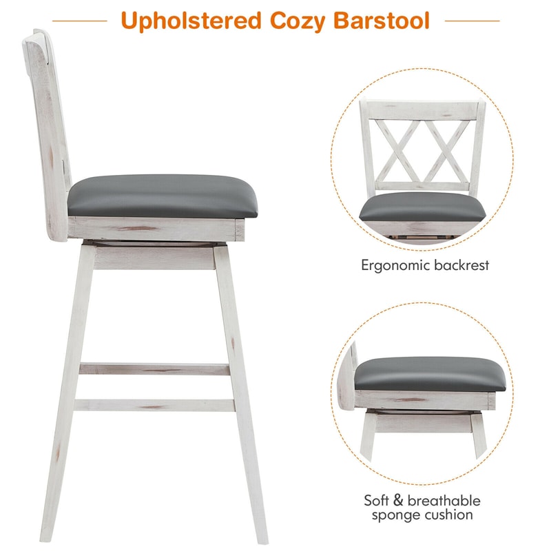 Swivel Bar Stool Set of 2, Rubber Wood 29.5" Counter Height Dining Chairs with Upholstered Cushions, Ergonomic Backrests & Footrests