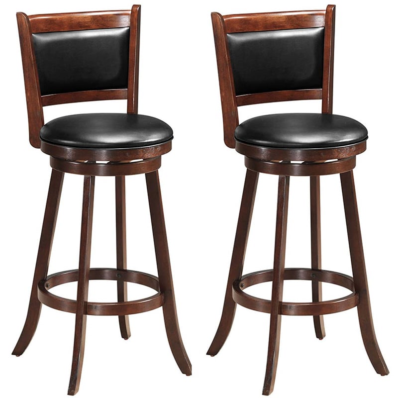 Set of 2 Swivel Bar Stools, 29" Rubber Wood Bar Height Dining Chairs with Ergonomic Backrests, Leather Upholstered Barstools for Kitchen Island & Pub