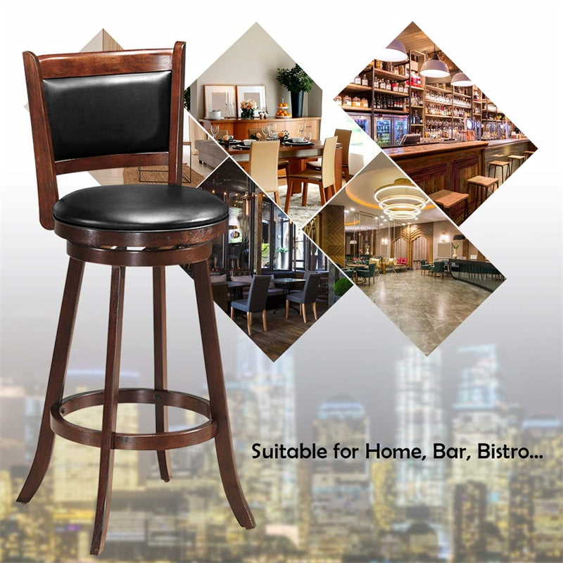 Swivel Bar Stools Set of 2, 29" Rubber Wood Bar Height Chairs with Leather Upholstered Backrests & PVC Cushioned Seats for Kitchen Island & Pub