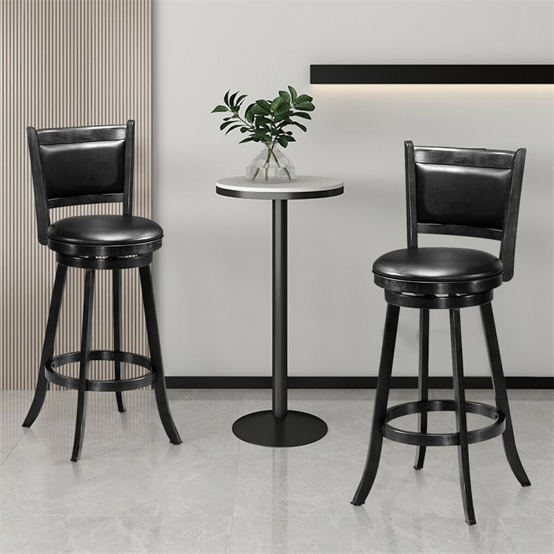 Swivel Bar Stools Set of 2, 29" Rubber Wood Bar Height Chairs with Leather Upholstered Backrests & PVC Cushioned Seats for Kitchen Island & Pub