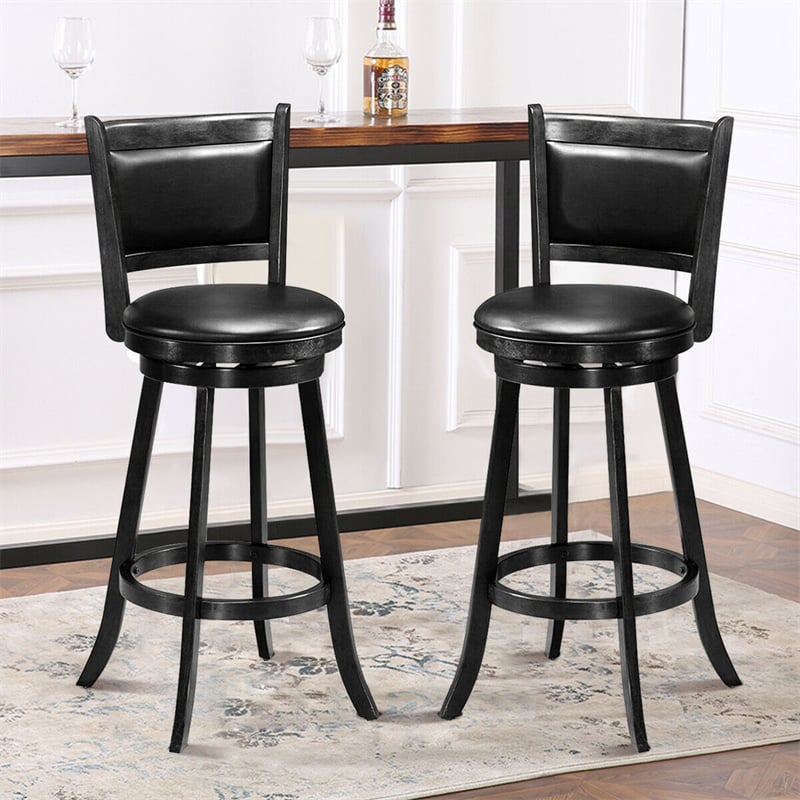 Swivel Bar Stools Set of 2, 29" Rubber Wood Bar Height Chairs with Leather Upholstered Backrests & PVC Cushioned Seats for Kitchen Island & Pub