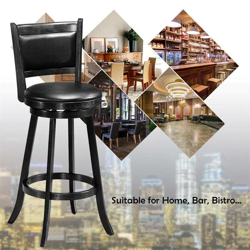 Swivel Bar Stools Set of 2, 29" Rubber Wood Bar Height Chairs with Leather Upholstered Backrests & PVC Cushioned Seats for Kitchen Island & Pub