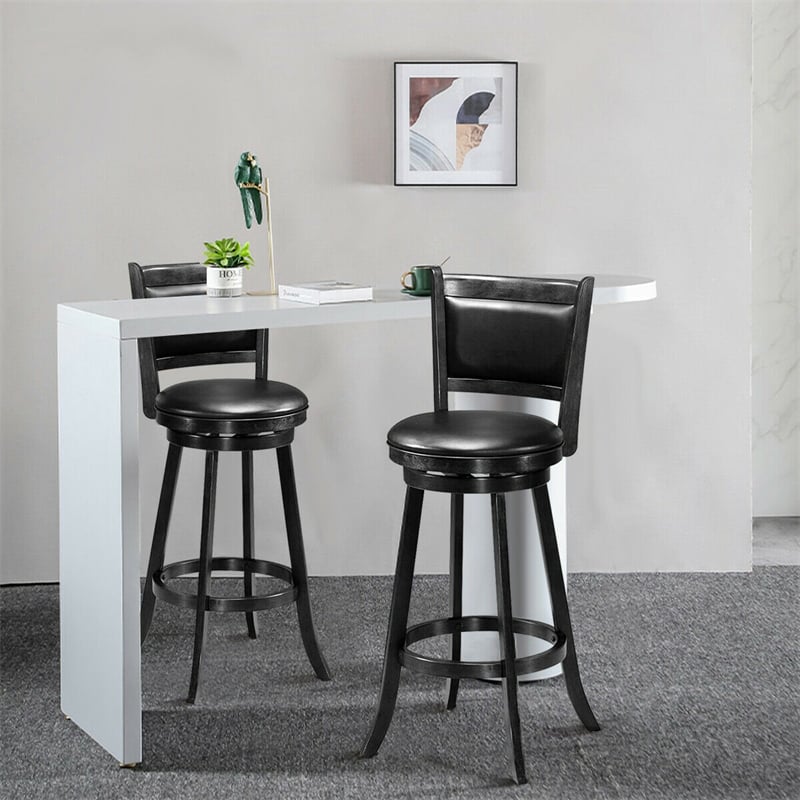 Swivel Bar Stools Set of 2, 29" Rubber Wood Bar Height Chairs with Leather Upholstered Backrests & PVC Cushioned Seats for Kitchen Island & Pub