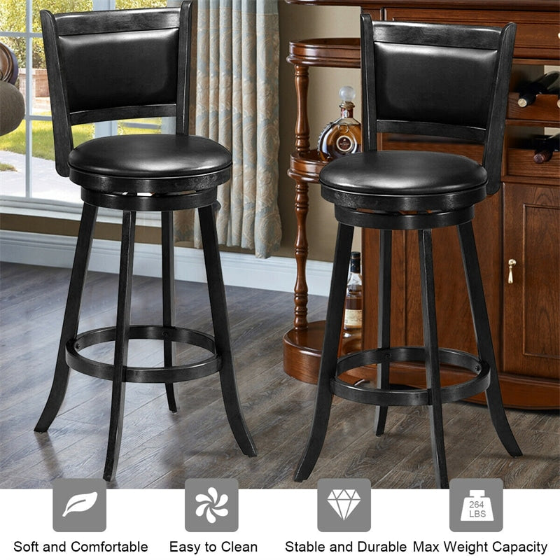 Swivel Bar Stools Set of 2, 29" Rubber Wood Bar Height Chairs with Leather Upholstered Backrests & PVC Cushioned Seats for Kitchen Island & Pub