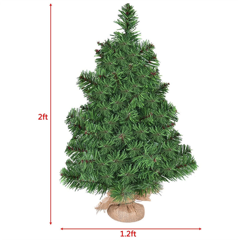 2FT Mini Tabletop Christmas Tree, Green Artificial Spruce Xmas Tree with 96 PVC Branch Tips & Cloth Bag Base for Home Office Decor