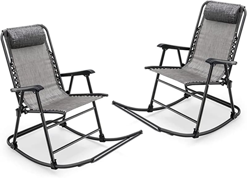 2PCS Folding Zero Gravity Rocking Chairs, High Back Outdoor Camping Rockers with Pillows, Armrests & Footrests, Portable Patio Lawn Chairs