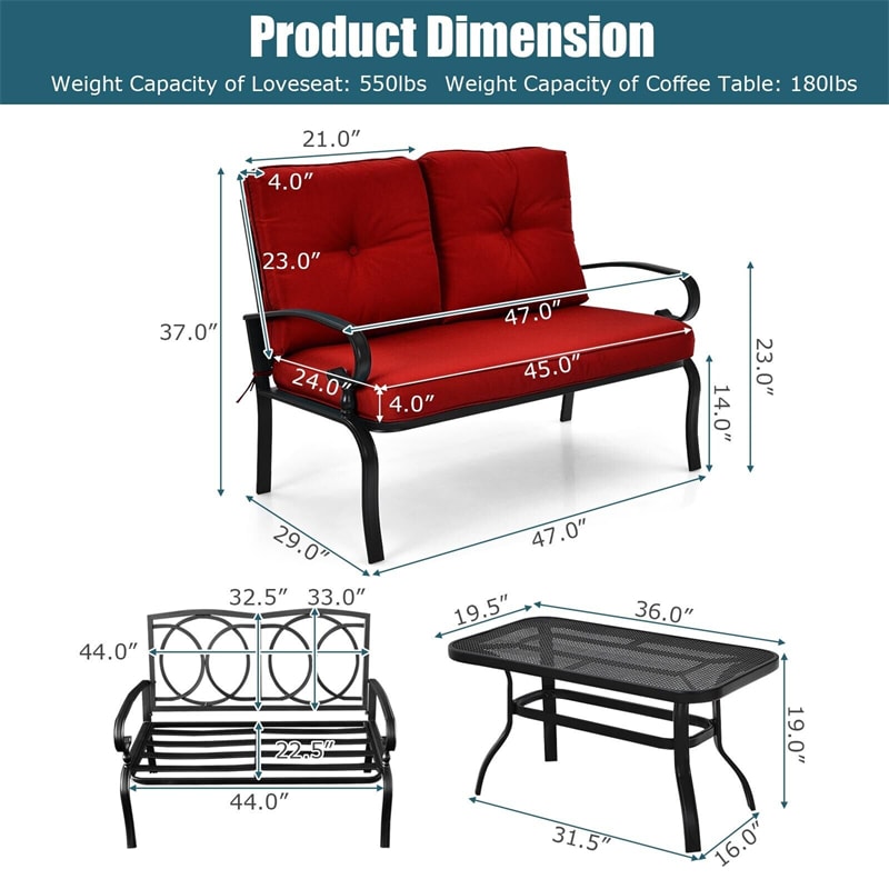 2 Piece Patio Loveseat with Table Set, Heavy Duty Steel Frame 2-Seat Sofa with Seat & Back Cushions, Outdoor Furniture Set for Garden Deck