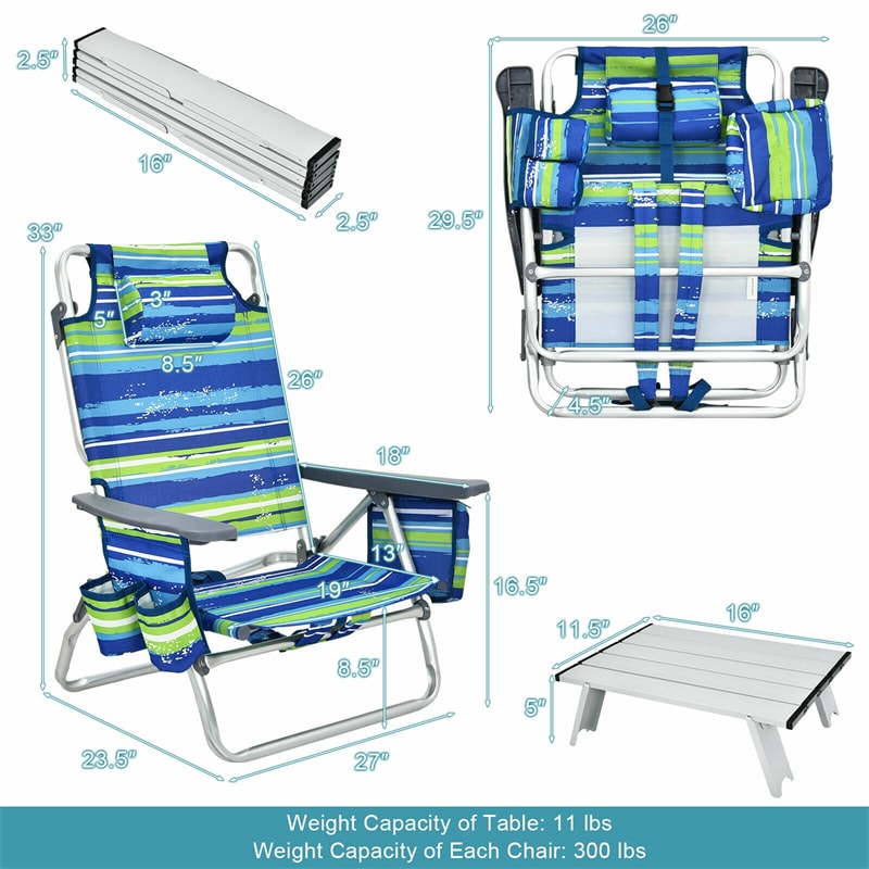 3PCS Folding Backpack Beach Chairs with Side Table, Cooler Bag, Cup Holder, 5-Position Reclining Beach Chairs for Camping Sunbathing