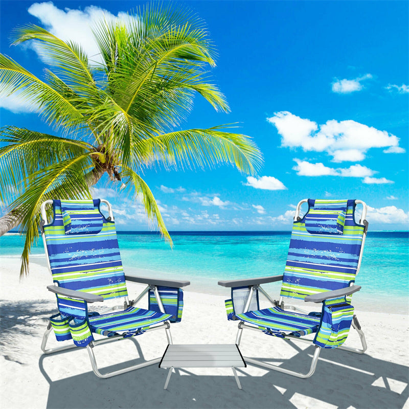 3PCS Folding Backpack Beach Chairs with Side Table, Cooler Bag, Cup Holder, 5-Position Reclining Beach Chairs for Camping Sunbathing