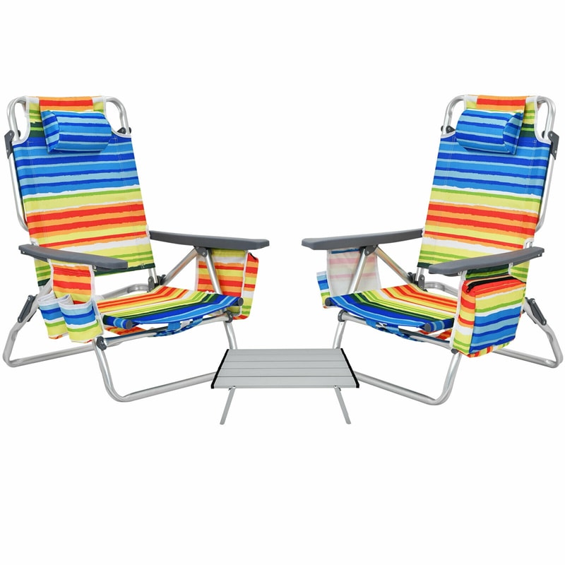 3PCS Folding Backpack Beach Chairs with Side Table, Cooler Bag, Cup Holder, 5-Position Reclining Beach Chairs for Camping Sunbathing