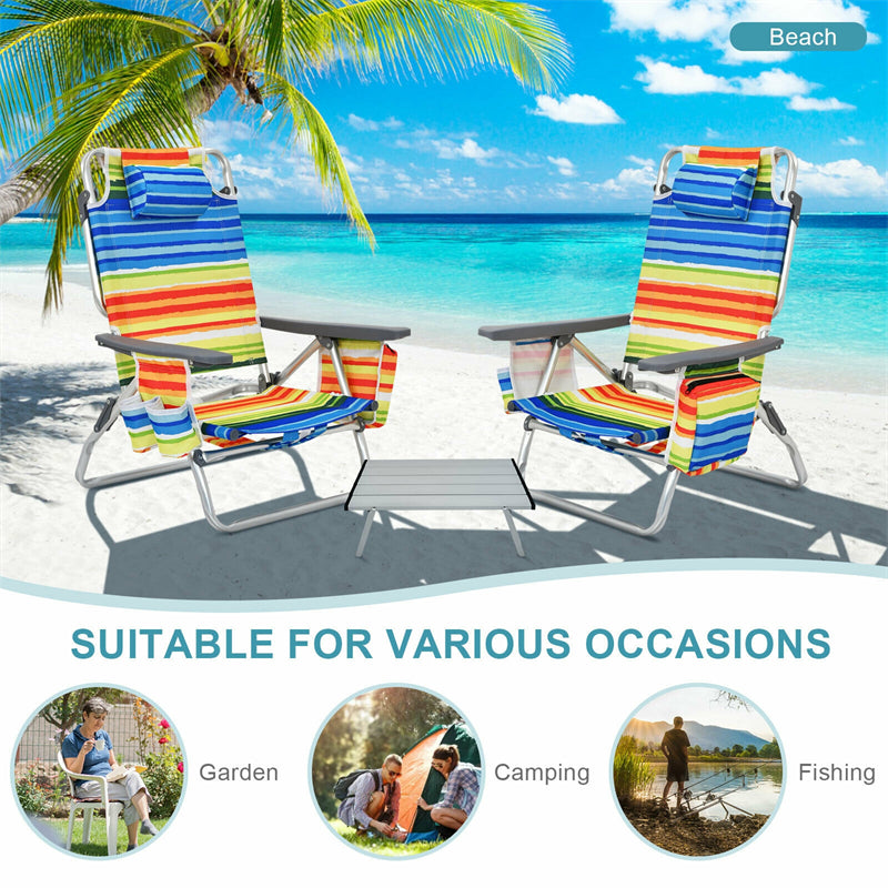 3PCS Folding Backpack Beach Chairs with Side Table, Cooler Bag, Cup Holder, 5-Position Reclining Beach Chairs for Camping Sunbathing