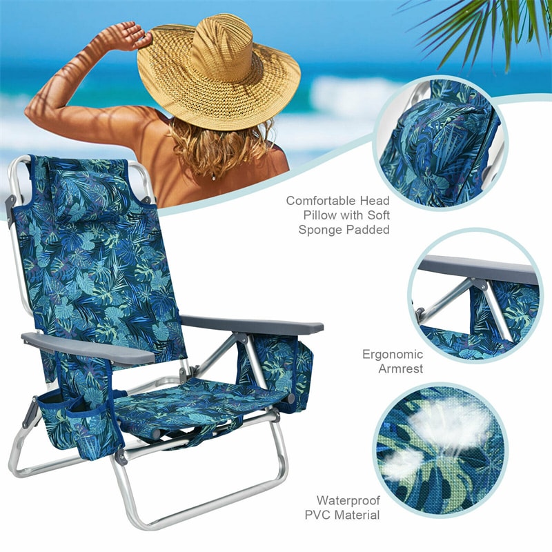 3PCS Folding Backpack Beach Chairs with Side Table, Cooler Bag, Cup Holder, 5-Position Reclining Beach Chairs for Camping Sunbathing