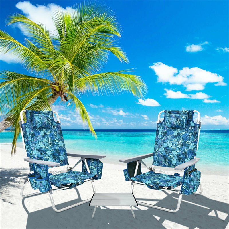 3PCS Folding Backpack Beach Chairs with Side Table, Cooler Bag, Cup Holder, 5-Position Reclining Beach Chairs for Camping Sunbathing