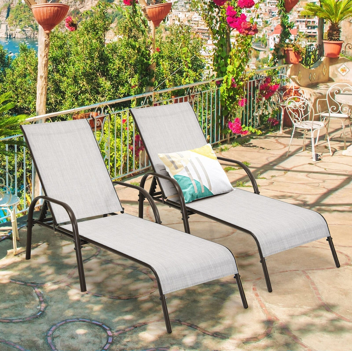 2-Pack Outdoor Sling Chaise Lounge Chairs with 5-Position Adjustable Backrest, Steel Frame Patio Sun Loungers for Poolside, Yard & Balcony