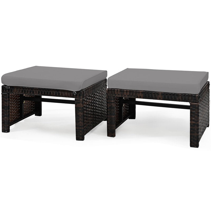 2 Pieces Patio Rattan Ottomans All Weather Outdoor Footstools Footrest Seats with Soft Cushions