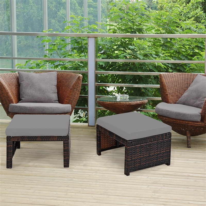 2 Pieces Patio Rattan Ottomans All Weather Outdoor Footstools Footrest Seats with Soft Cushions