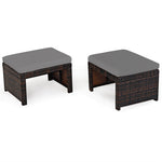 2 Pieces Patio Rattan Ottomans All Weather Outdoor Footstools Footrest Seats with Soft Cushions