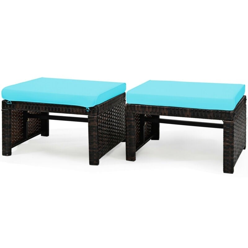 2 Pieces Patio Rattan Ottomans All Weather Outdoor Footstools Footrest Seats with Soft Cushions