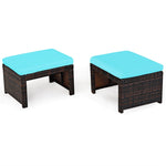 2 Pieces Patio Rattan Ottomans All Weather Outdoor Footstools Footrest Seats with Soft Cushions