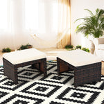 2 Pieces Patio Rattan Ottomans All Weather Outdoor Footstools Footrest Seats with Soft Cushions