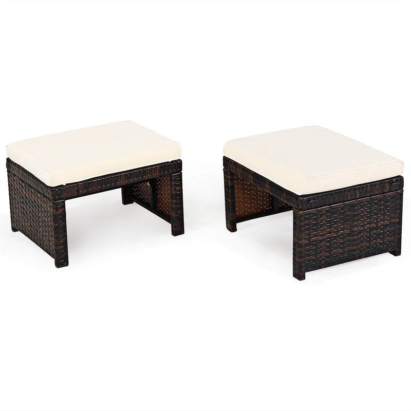 2 Pieces Patio Rattan Ottomans All Weather Outdoor Footstools Footrest Seats with Soft Cushions