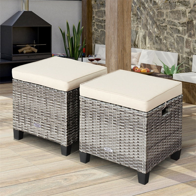 2 Pieces Wicker Patio Ottomans Outdoor Rattan Footstools with Removable Cushions