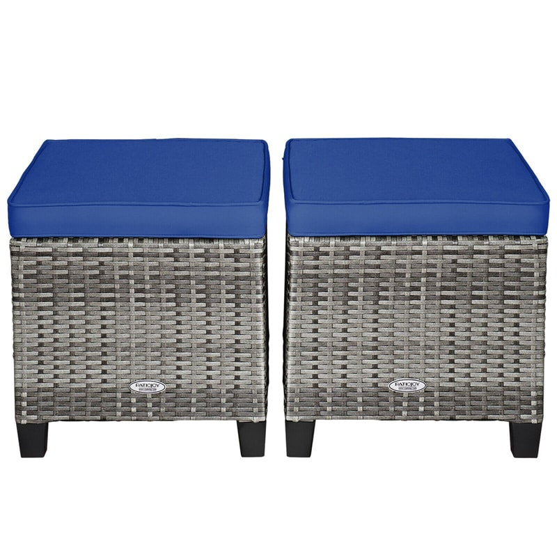 2 Pieces Wicker Patio Ottomans Outdoor Rattan Footstools with Removable Cushions