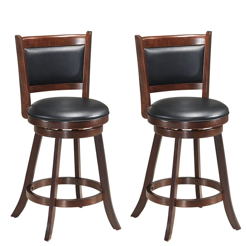 Swivel Bar Stool Set of 2, 24" Counter Height Bar Stools Rubber Wood Frame with PVC Leather Cushioned Seat & Back for Kitchen Island Pub