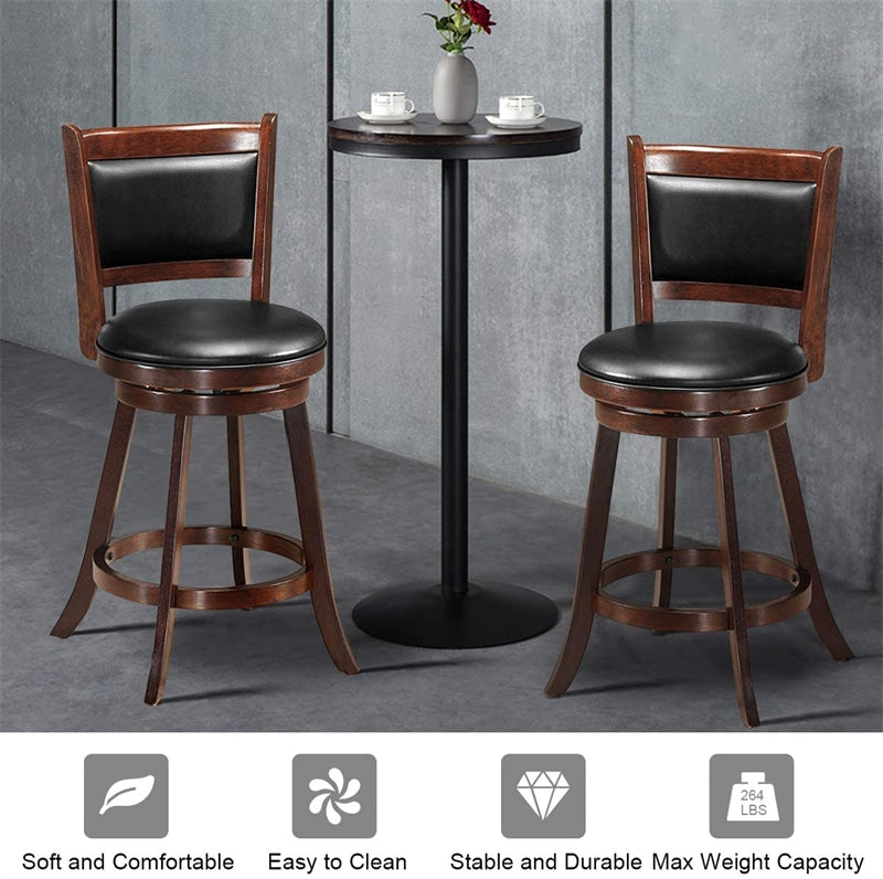 Swivel Bar Stool Set of 2, 24" Counter Height Bar Stools Rubber Wood Frame with PVC Leather Cushioned Seat & Back for Kitchen Island Pub