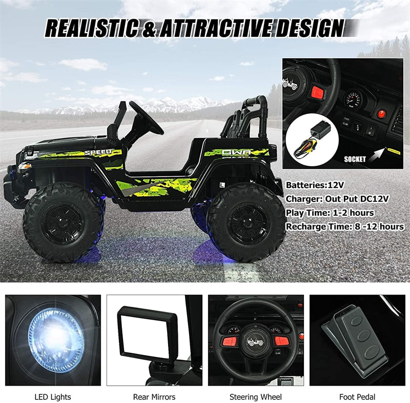 2-Seater Ride-On Truck for Kids, 12V Battery Powered Electric Vehicle with Remote Control & LED Lights, Ride-On Car for Boys Girls Gifts