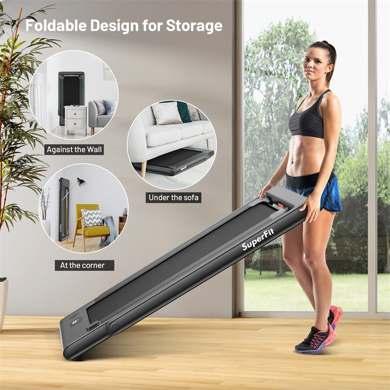 2 in 1 Folding Treadmill 2.25HP Superfit Under Desk Treadmill with Dual Display, Remote & Smart App Control, Walking Pad Treadmill for Home