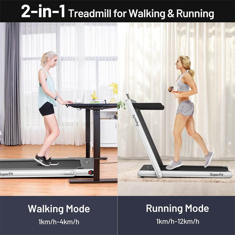 2 in 1 Folding Treadmill 2.25HP Superfit Under Desk Treadmill with Dual Display, Remote & Smart App Control, Walking Pad Treadmill for Home