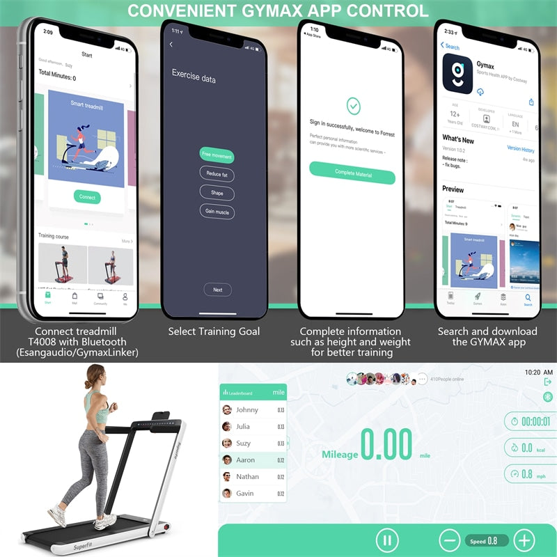 2 in 1 Folding Treadmill 2.25HP Superfit Under Desk Treadmill with Dual Display, Remote & Smart App Control, Walking Pad Treadmill for Home