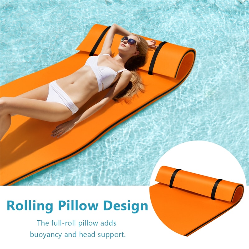 Floating Water Pad 3-Layer Tear Resistant XPE Foam Water Mat 87" x 36" Foam Pool Float with Rolling Pillow Design for Lake Water Activities