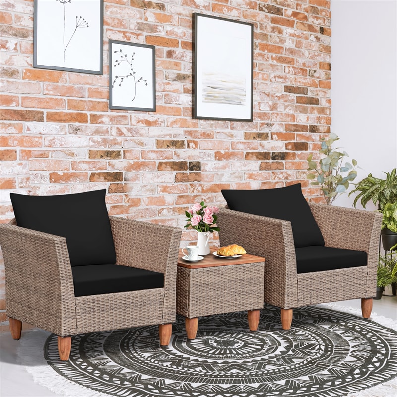 3-Piece Rattan Bistro Sofa Set Wicker Patio Furniture Set with Cushions & Side Table