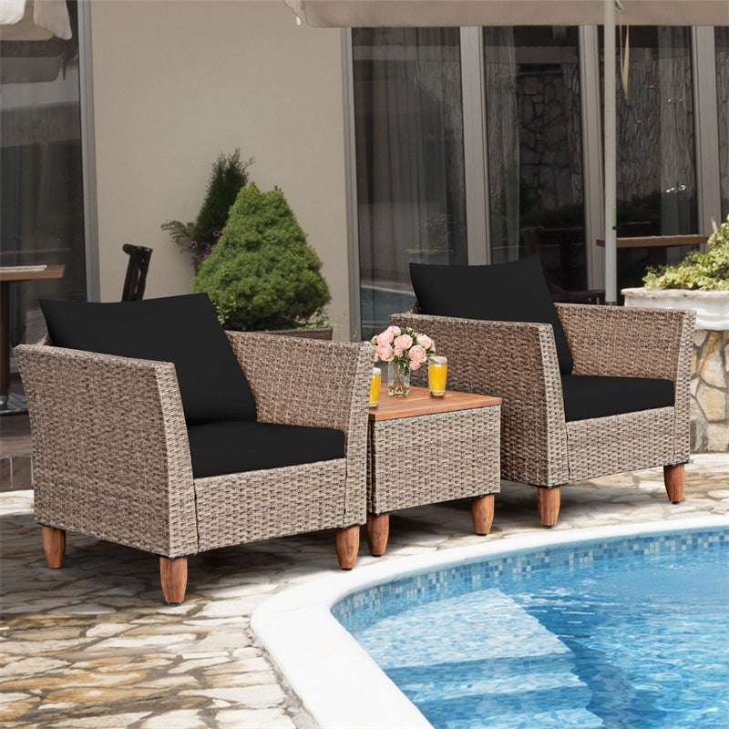 3-Piece Rattan Bistro Sofa Set Wicker Patio Furniture Set with Cushions & Side Table