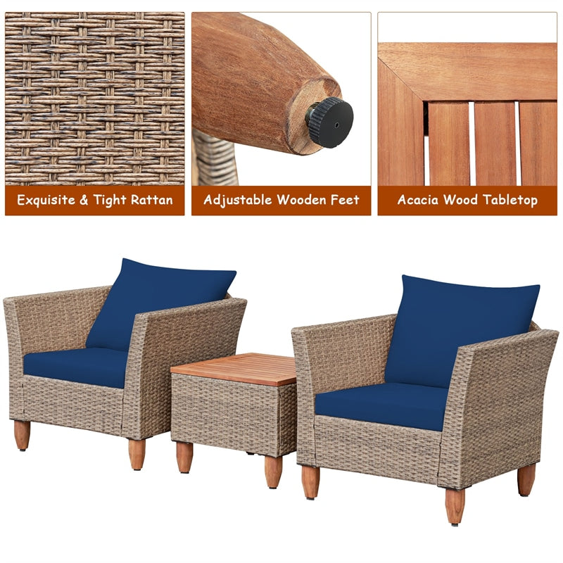 3-Piece Rattan Bistro Sofa Set Wicker Patio Furniture Set with Cushions & Side Table