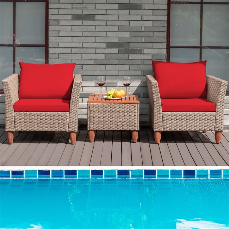 3-Piece Rattan Bistro Sofa Set Wicker Patio Furniture Set with Cushions & Side Table