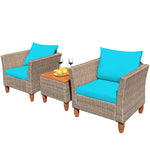 3-Piece Rattan Bistro Sofa Set Wicker Patio Furniture Set with Cushions & Side Table