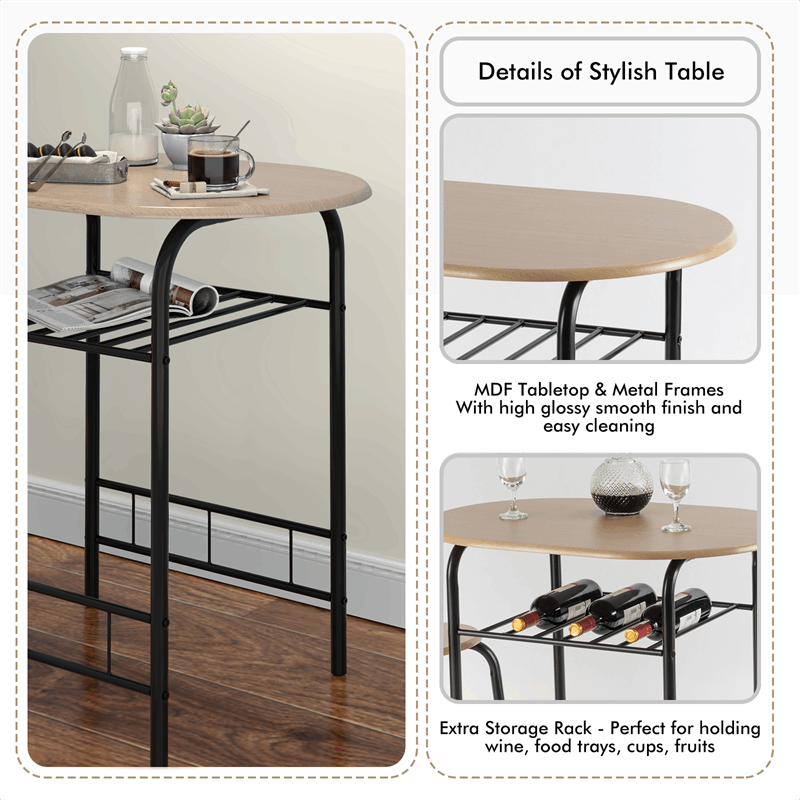 3-Piece Small Dining Table Chair Set Space-Saving Bistro Set with Shelf Storage & Metal Frame