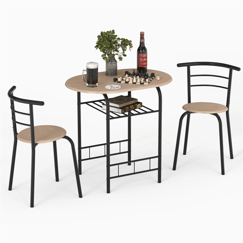 3-Piece Small Dining Table Chair Set Space-Saving Bistro Set with Shelf Storage & Metal Frame