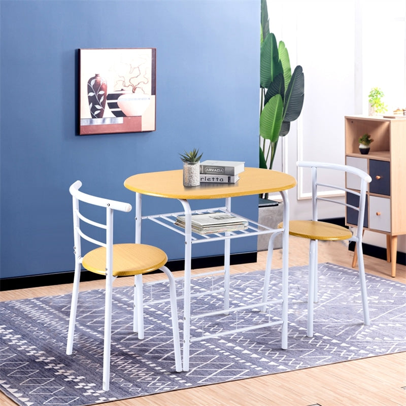 3-Piece Small Dining Table Chair Set Space-Saving Bistro Set with Shelf Storage & Metal Frame