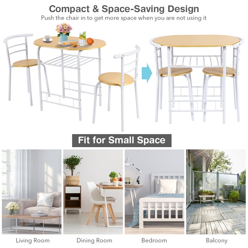 3-Piece Small Dining Table Chair Set Space-Saving Bistro Set with Shelf Storage & Metal Frame