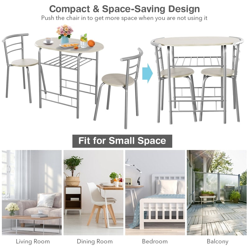 3-Piece Small Dining Table Chair Set Space-Saving Bistro Set with Shelf Storage & Metal Frame