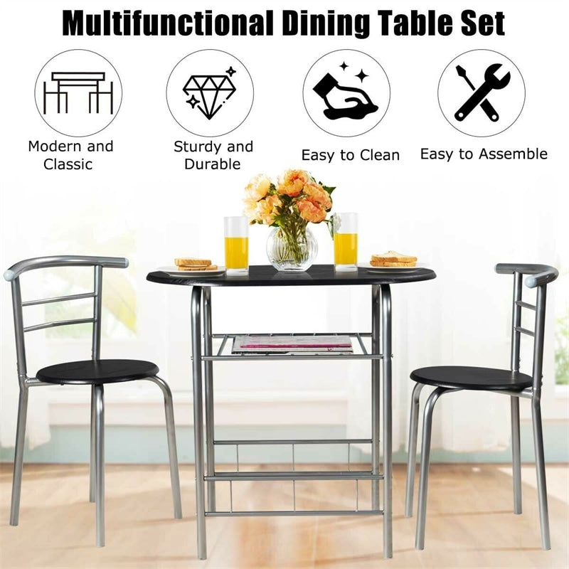 3-Piece Small Dining Table Chair Set Space-Saving Bistro Set with Shelf Storage & Metal Frame