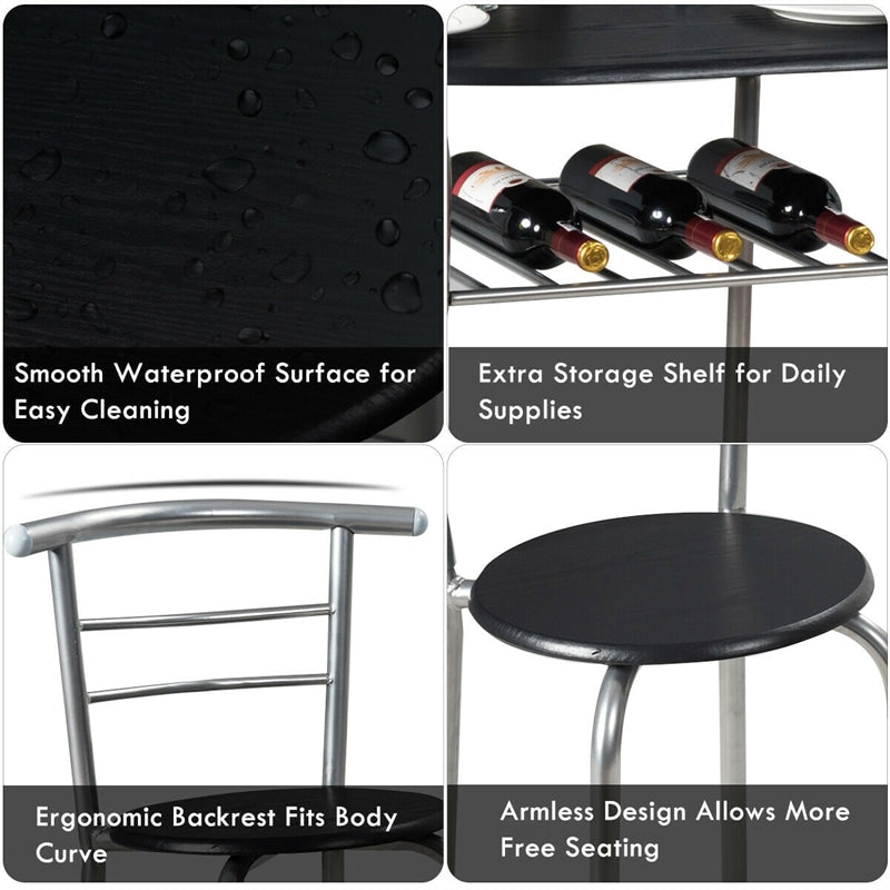 3-Piece Small Dining Table Chair Set Space-Saving Bistro Set with Shelf Storage & Metal Frame