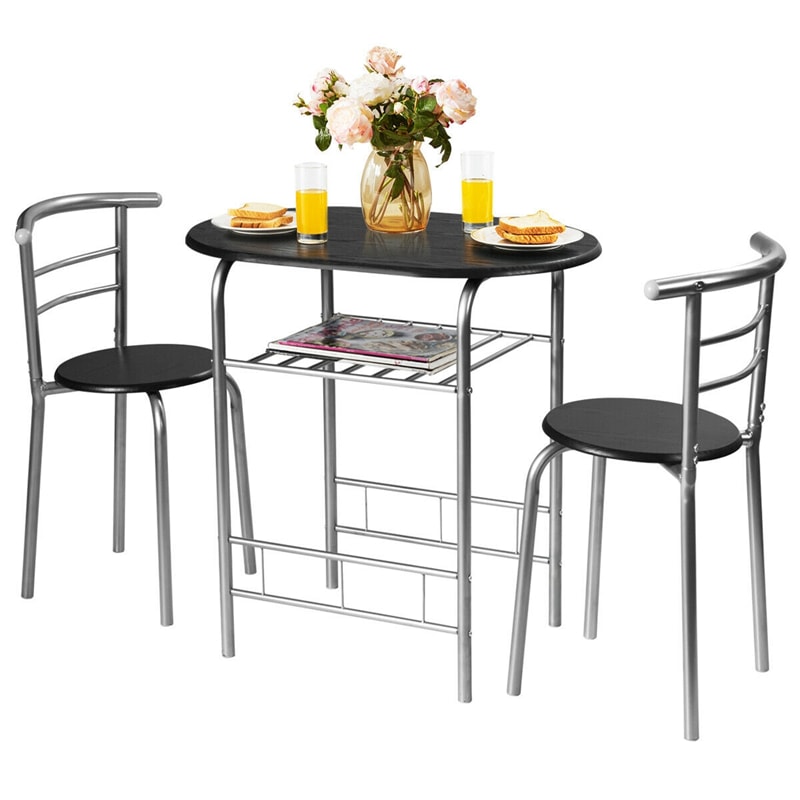 3-Piece Small Dining Table Chair Set Space-Saving Bistro Set with Shelf Storage & Metal Frame