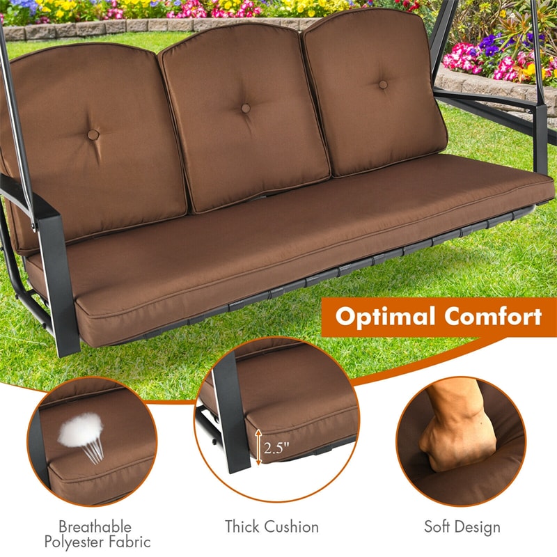 Outdoor 3 Seat Porch Swing with Adjust Canopy and Cushions Coffee Color Coffe