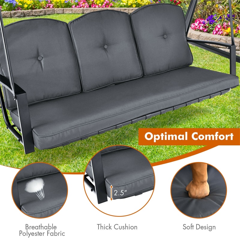 Outdoor 3 Seat Porch Swing with Adjust Canopy and Cushions Coffee Color Coffe